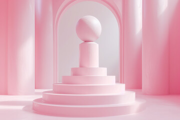 Obraz premium Pink sphere standing on cylinder podium on round stage with columns and arches