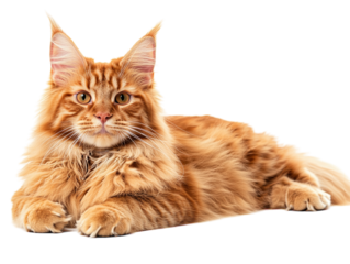 Orange Maine Coon cat lying down isolated on white background. PNG transparent.