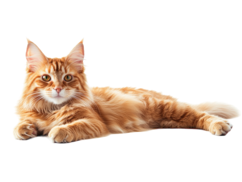 Orange Maine Coon cat lying down isolated on white background. PNG transparent.