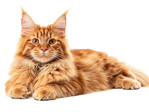 Orange Maine Coon cat lying down isolated on white background. PNG transparent. - Powered by Adobe