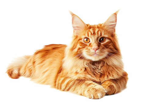 Orange Maine Coon cat lying down isolated on white background. PNG transparent.