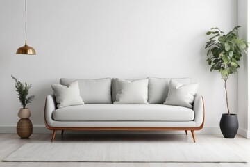 White Sofa with Wooden Frame and Pillows in Minimalist Living Room