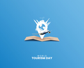 World Tourism Day. Travel concept, Tourism day vector design, location icon with tourism day typography, world map with air plane.