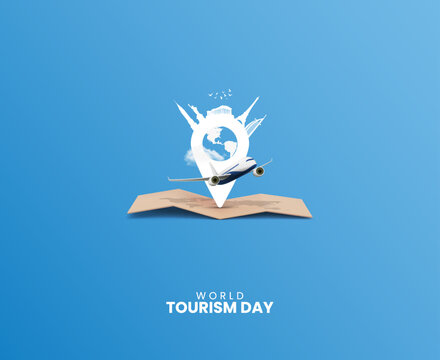World Tourism Day. Travel concept, Tourism day vector design, location icon with tourism day typography, world map with air plane.