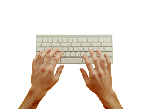 Hands typing on a white keyboard isolated on yellow background. PNG transparent.