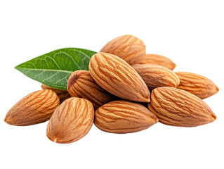 Almonds with green leaves isolated on white background. PNG transparent.