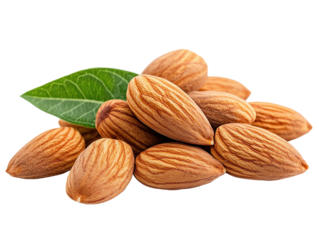 Almonds with green leaves isolated on white background. PNG transparent.