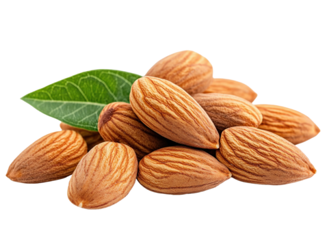 Almonds with green leaves isolated on white background. PNG transparent.