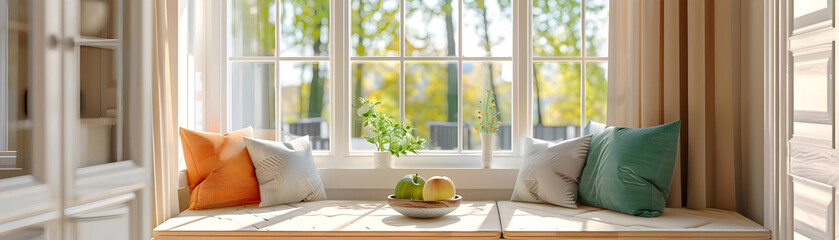 Sunlit Window Seat with Pillows and Fruit Bowl - Illustration