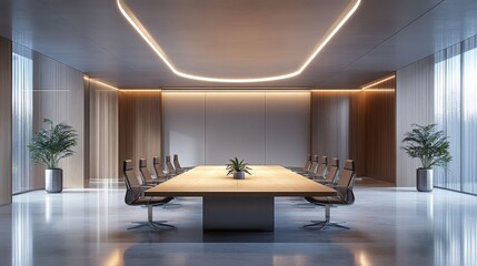 Modern conference room with sleek design, large wooden table, comfortable chairs, and subtle lighting for professional meetings.