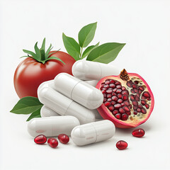 A few white capsules near a tomato and a pomegranate on a white background