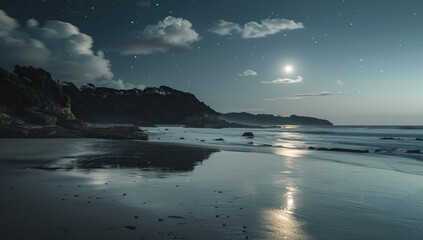 A tranquil beach where the sand and waves glow under the moonlight