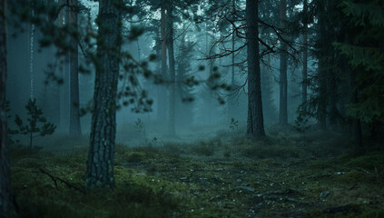 Fototapeta premium A tranquil, foggy forest with ethereal spirits drifting between the trees