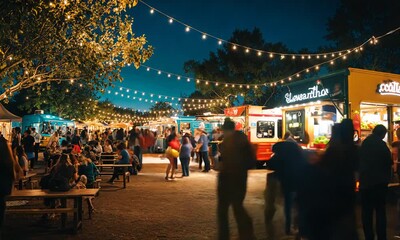 a group of people standing around a food truck
