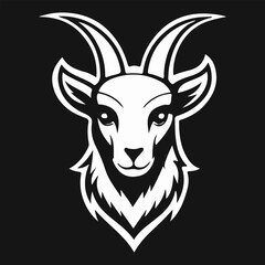 Unique vector illustration of a goat head with large horns, a mountain goat logo design, and a goat animal logo icon.