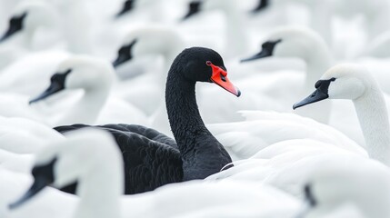 Obraz premium A black swan in a crowd of white swans, symbolizing the strength of being different and standing out as a leader.