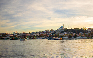 Fototapeta premium View of ships in the goldenhorn, historical old city istanbul constantinople