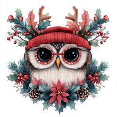 Obraz premium A whimsical owl adorned with antlers and glasses, surrounded by festive foliage and berries, perfect for holiday decor.