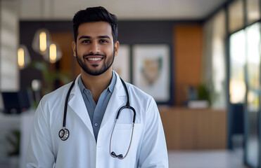 
A handsome young doctor of Indian descent, wearing his white coat and stethoscope around his neck, stands in the modern medical office 