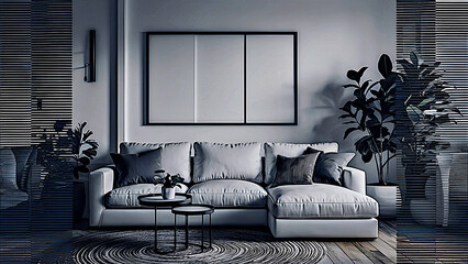 Minimalist interior with white sofa and green plants. Modern living rooms with white sofa, plants and mock up. AI Generation.