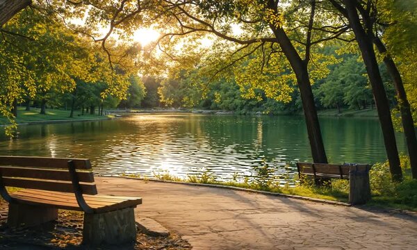 a park bench sitting next to a lake