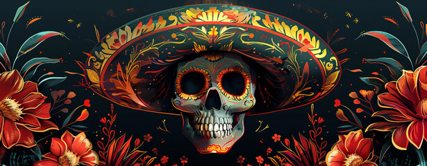 A Mexican sugar skull wearing a sombrero, surrounded by flowers