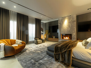Obraz premium Modern Luxury Bedroom with Fireplace and Large Windows - Interior Design Photo
