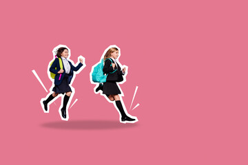 Composite photo collage of two happy blonde brunette school classmates girls run wear backpack study isolated on painted background