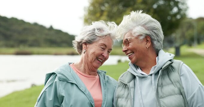 Senior couple, lesbian and happy with love, laughing or excited for outdoor travel or wellness in park. Elderly woman hug together with affection, care and support in LGBTQ and health or retirement