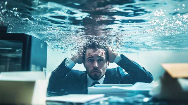 A businessman underwater at his workplace, struggling with burnout and depression due to the economic crisis and excessive workload.
