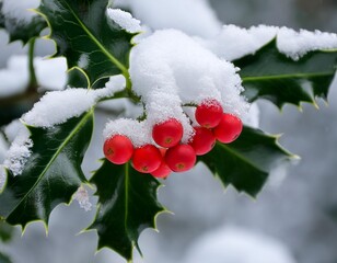 Close-up of Holly bush coverd by snow on winter season in the garden. Christmas background