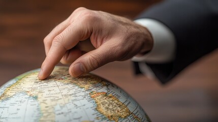 A businessman hand pointing to Ukraine on a globe, highlighting the importance of Eastern Europe in global business strategies.
