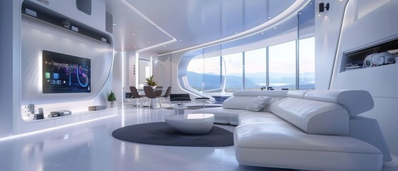 Fototapeta premium Futuristic white living room with curved walls and furniture Ocean view through large windows Minimalist design Sleek modern aesthetic Innovative architecture