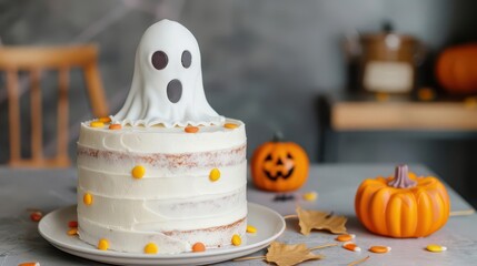 Obraz premium Birthday girl dressed as a ghost enjoying a Halloween-themed cake, Halloween Birthday, festive fun