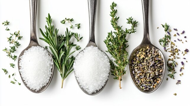 Salt with Fresh Rosemary and Thyme in Spoons