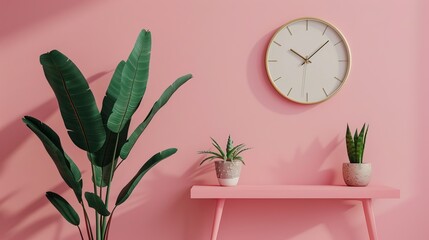 Pink wall interior with green plants clock and floating shelves Modern colorful home decor Contrasting colors Minimalist design with natural elements