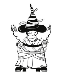 Halloween woman gnome at funny hat. Hand draw illustration for sublimation t-shirt, pillow, mug. line art illustration, black and white. Print for poster, postcard, notebooks, color book. Png file