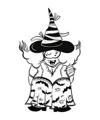 Halloween woman gnome at funny hat. Hand draw illustration for sublimation t-shirt, pillow, mug. line art illustration, black and white. Print for poster, postcard, notebooks, color book. Png file