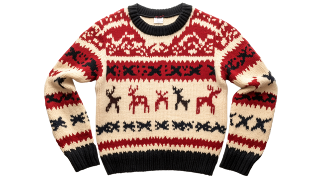 A children's Christmas sweater with deer and tree patterns, in a cream and red color scheme isolated on a transparent background