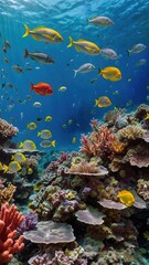 Naklejka premium The image shows a vibrant underwater scene with a variety of colorful fish and coral. Use for wall paper art, phone cases