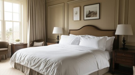 A middle-style bed with crisp white linens, flanked by elegant nightstands.