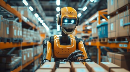 A robot stacks boxes in a warehouse. Auxiliary work work at the factory.