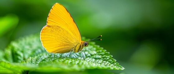  A tight shot of a yellow butterfly atop a green leaf against softly blurred green foliage backdrop