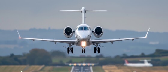 Naklejka premium A large jetliner taking off from an airport runway with its landing gear up