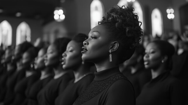 A group of women are sitting in a church, some of them wearing earrings. Scene is solemn and peaceful