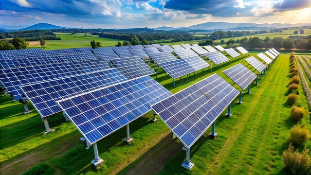 A field of solar panels gleams in the sunlight, symbolizing sustainable energy production.
Expansive solar farm captures the sun's energy, surrounded by a serene natural environment.