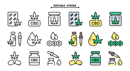 Cannabis or Hemp Logo Template. Editable stroke. Simple Flat Icons Set. Vector image of a leaf of marijuana. The isolated picture on white
