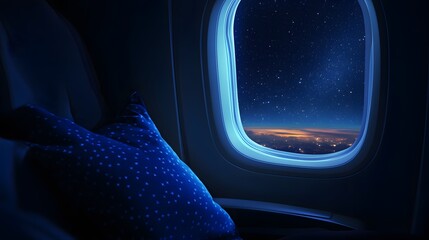 Passenger with a travel pillow, window showing the night sky with stars, dim ambient lighting, calm and soothing mood, tranquil and restful scene
