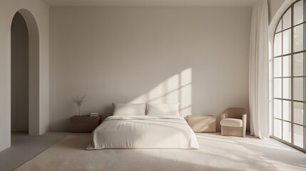 A minimalist bedroom with a focus on clean lines, neutral tones, and simple, functional design.