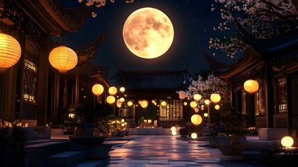 Obraz premium Magical Full Moon Over Traditional Chinese Courtyard During Mid Autumn Festival with Hanging Lanterns and Family Gathering